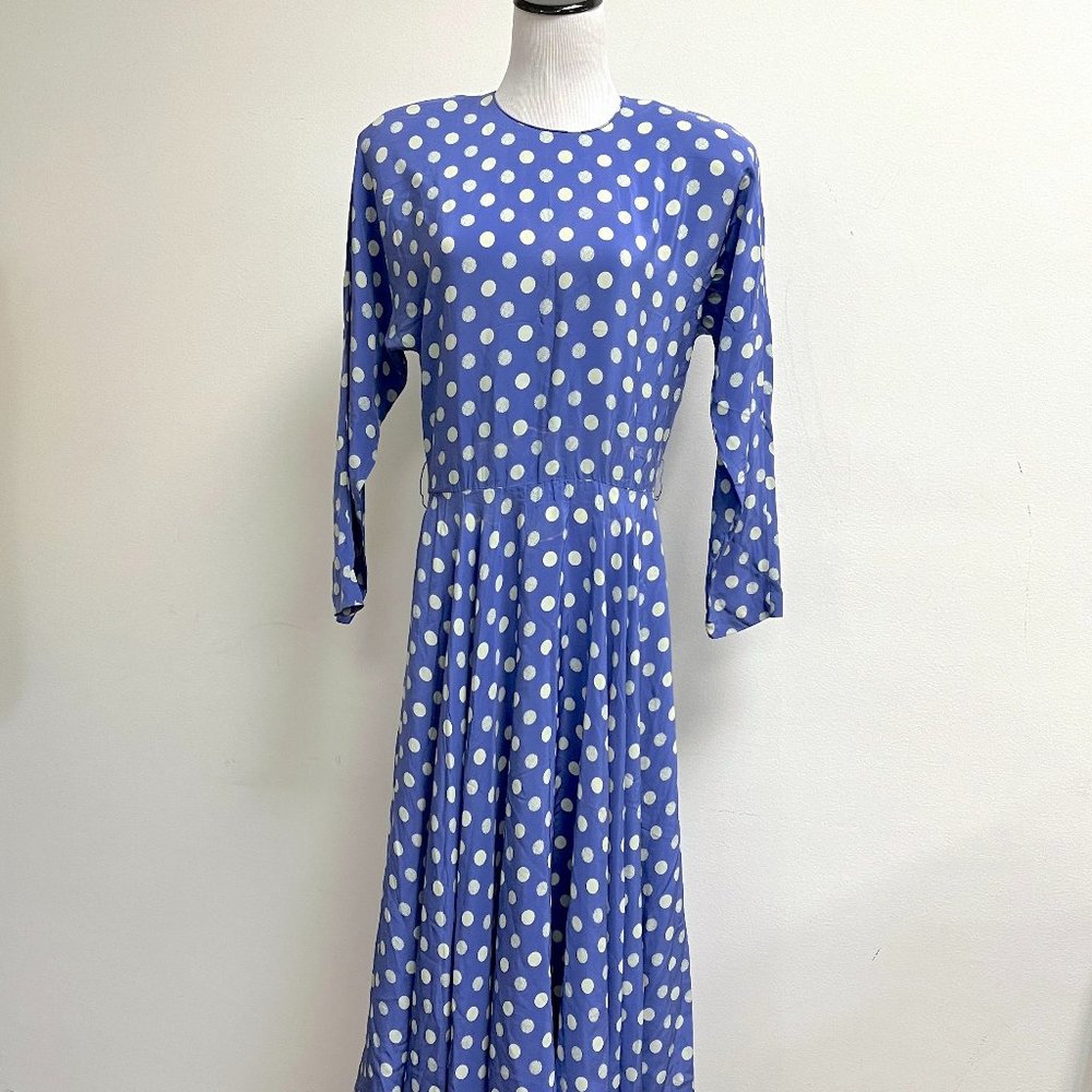 Lloyd William vintage dress silk periwinkle blue polka dot big shoulder 80s 6